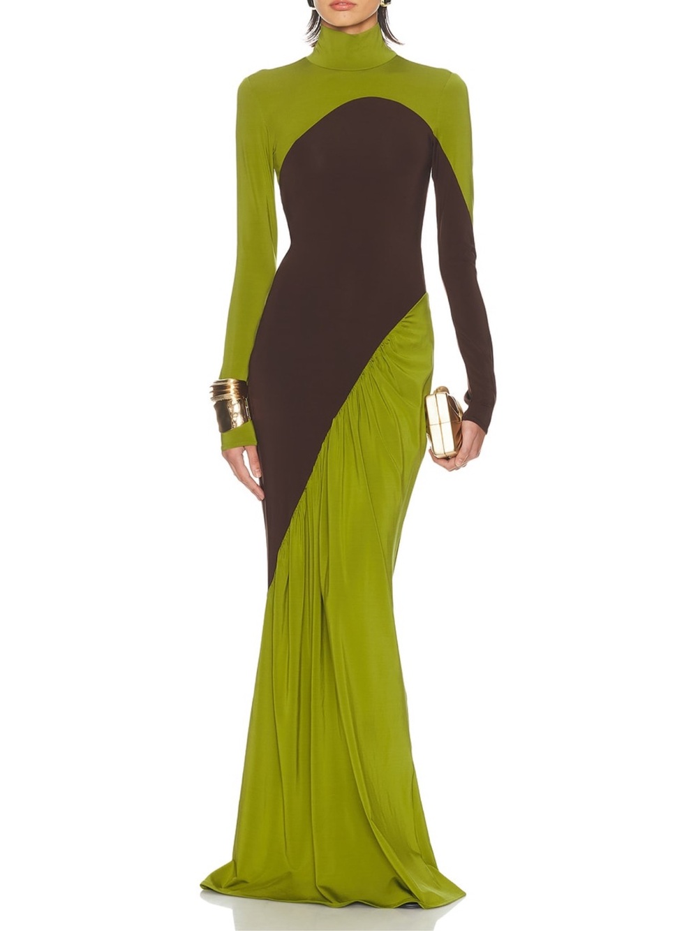Colorblock Turtleneck Maxi Dress in Olive Green and Chocolate Brown